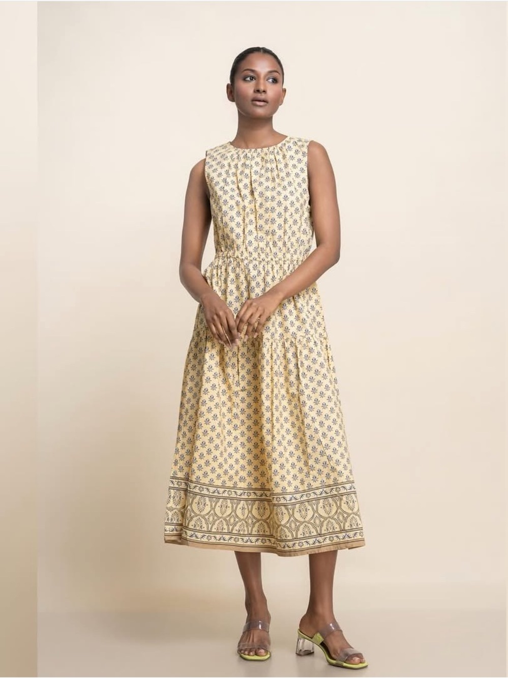LOFT Yellow Floral Border-Print Midi Dress